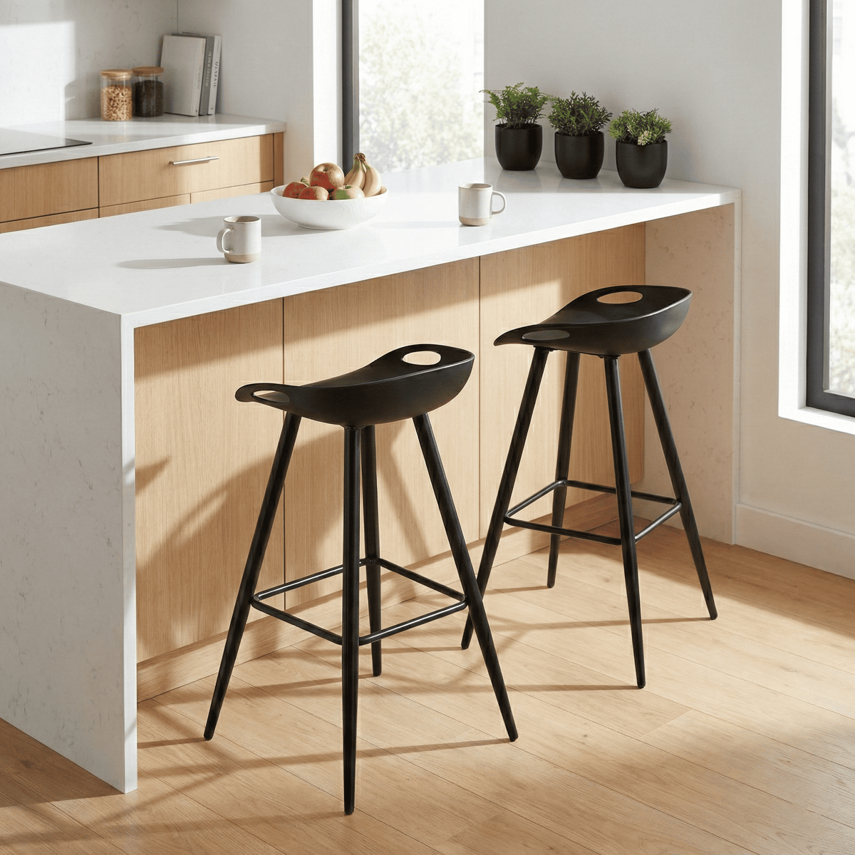 Set de 2 Bancos para Barra Modernos y Contemporáneos con Patas y Asiento PP en Negro