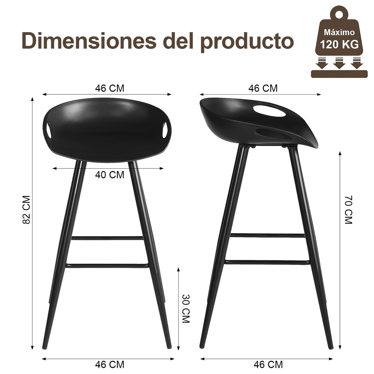 Set de 2 Bancos para Barra Modernos y Contemporáneos con Patas y Asiento PP en Negro