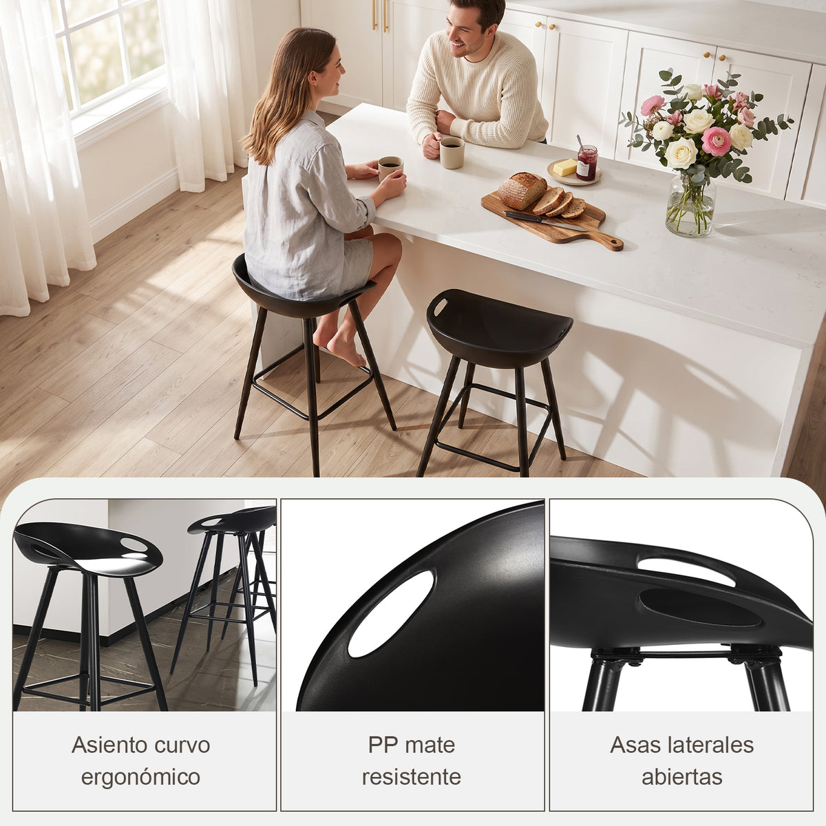 Set de 2 Bancos para Barra Modernos y Contemporáneos con Patas y Asiento PP en Negro