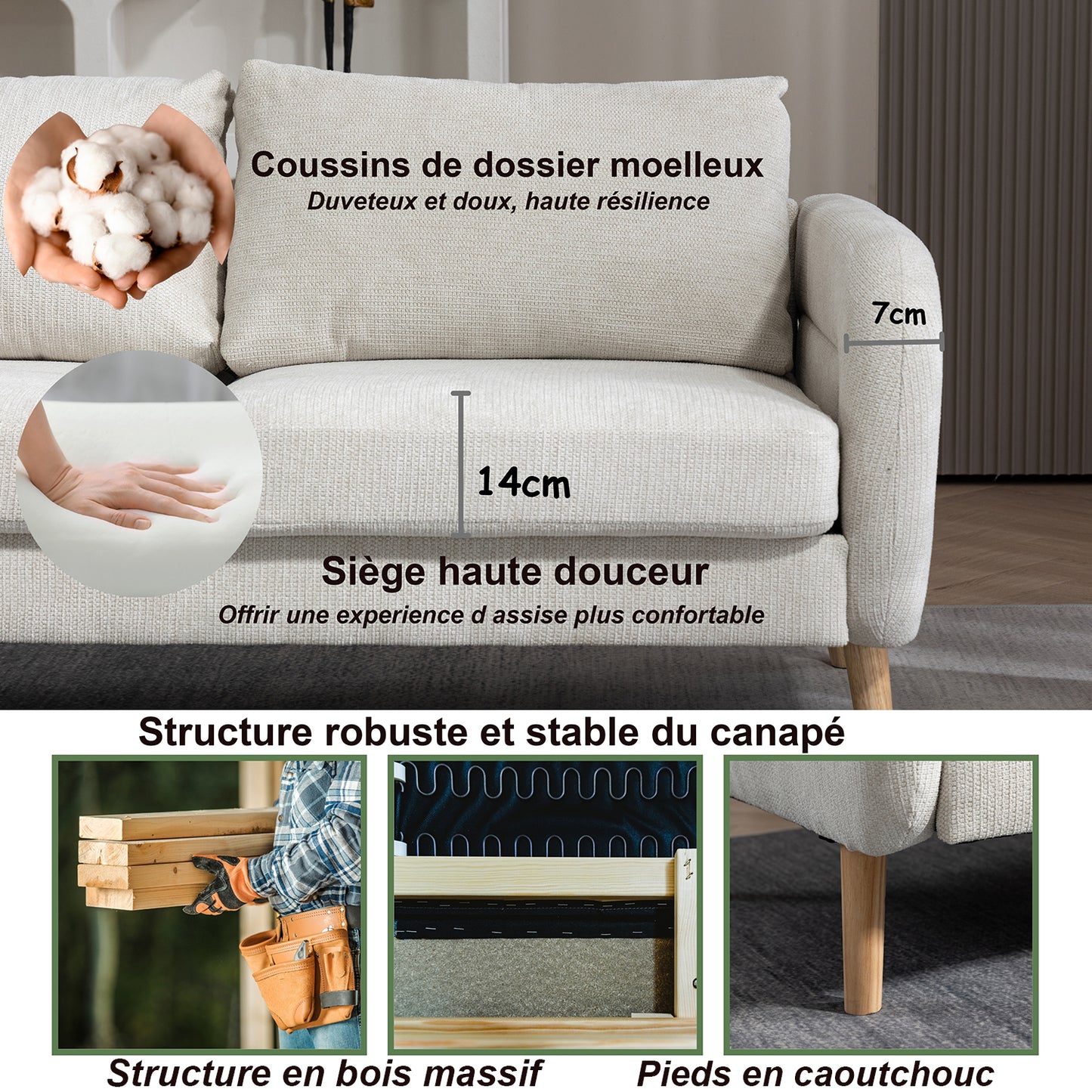 159CM Sofás de Mediados de Siglo para Sala de Estar  Beige