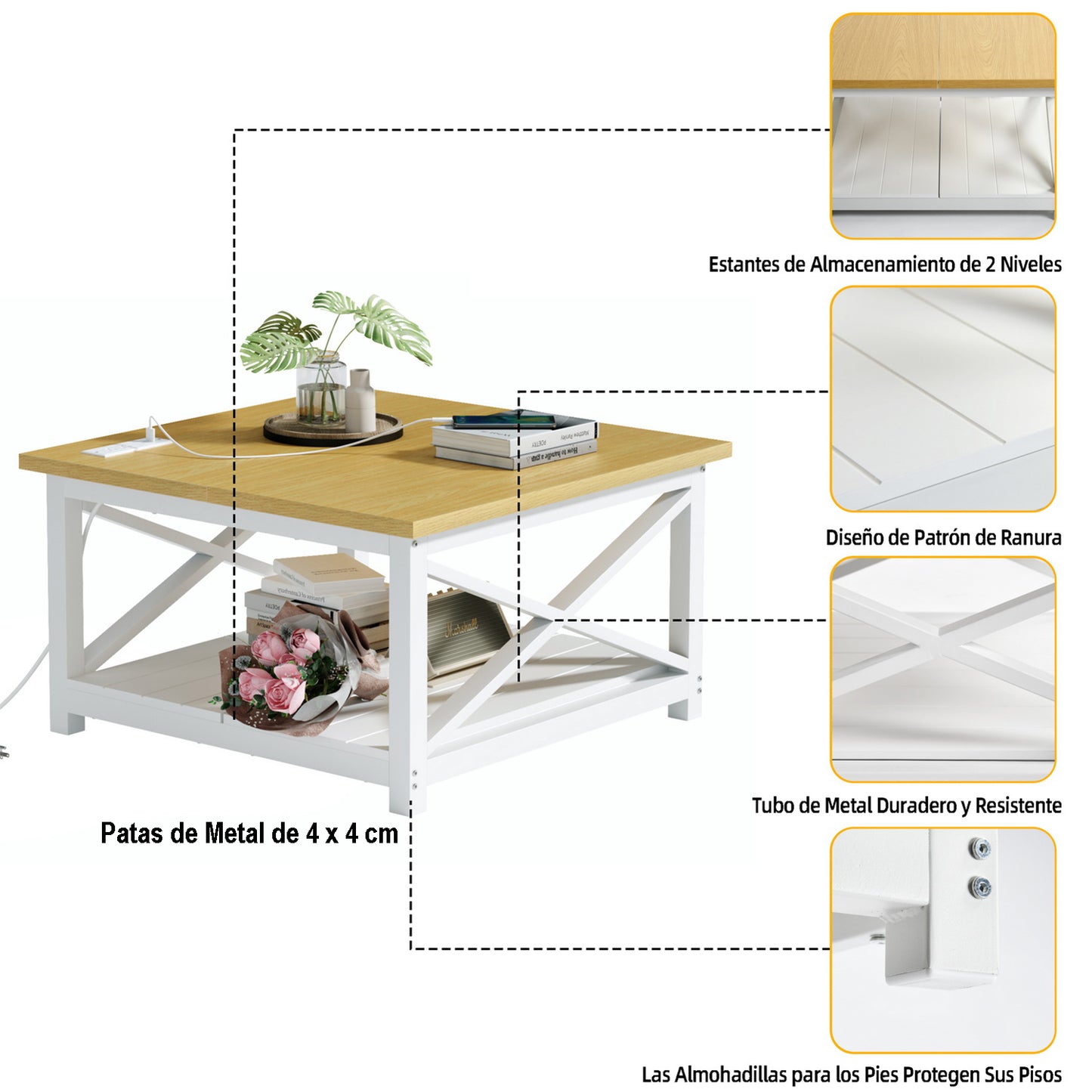 Country House Mesa de Centro Cuadrada con Tomas de Corriente y Puertos USB Blanco y Natural