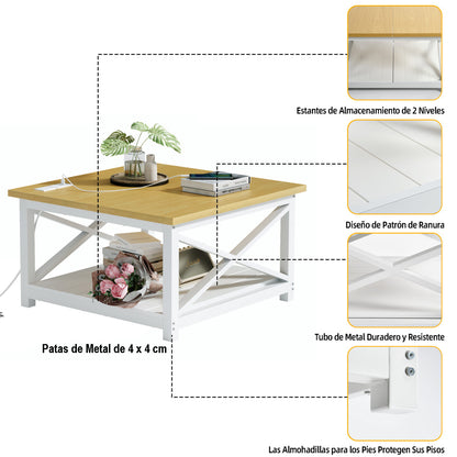 Country House Mesa de Centro Cuadrada con Tomas de Corriente y Puertos USB Blanco y Natural