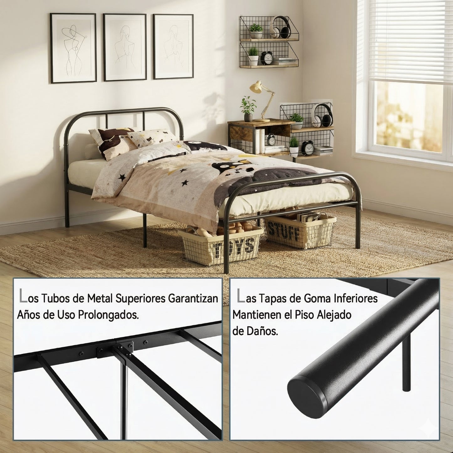Marco de Cama con Plataforma de Metal de Tamaño Doble con Cabecera Negro