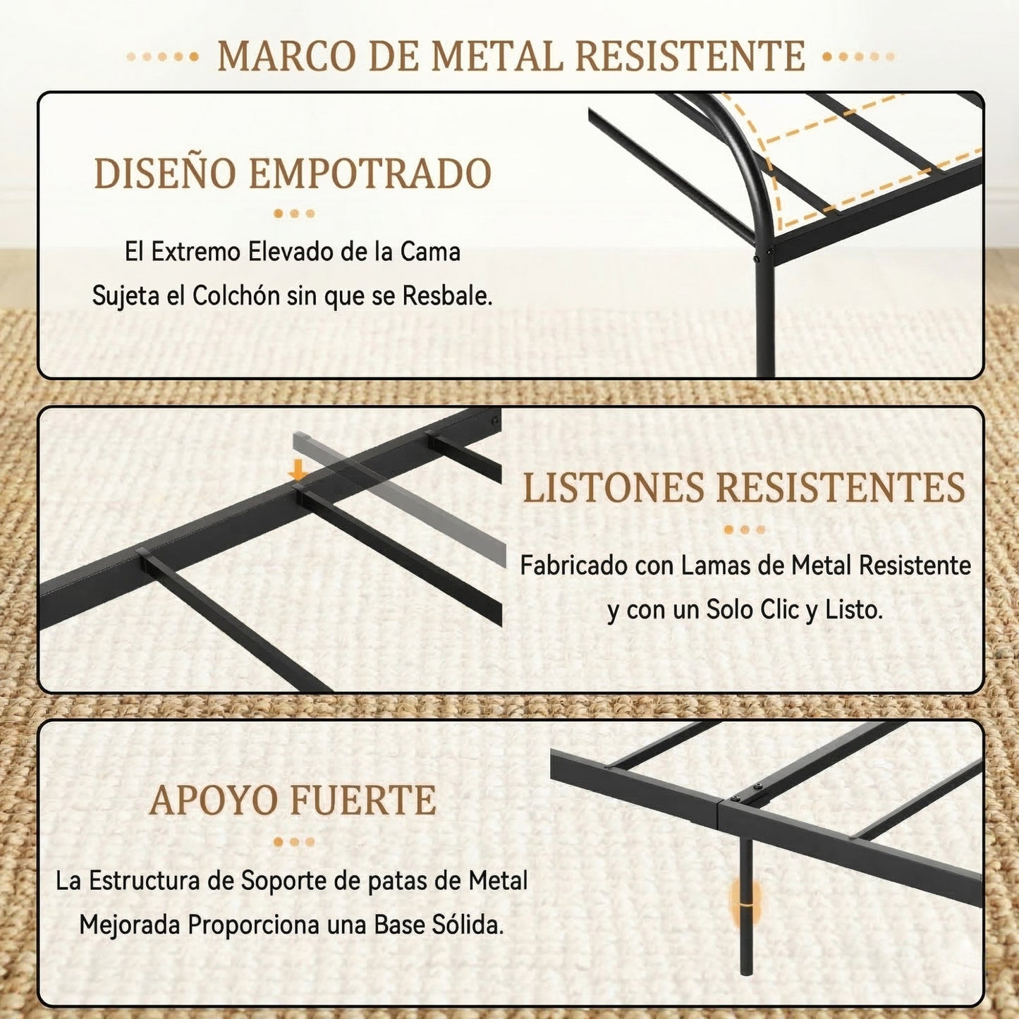 Marco de Cama con Plataforma de Metal de Tamaño Doble con Cabecera Negro
