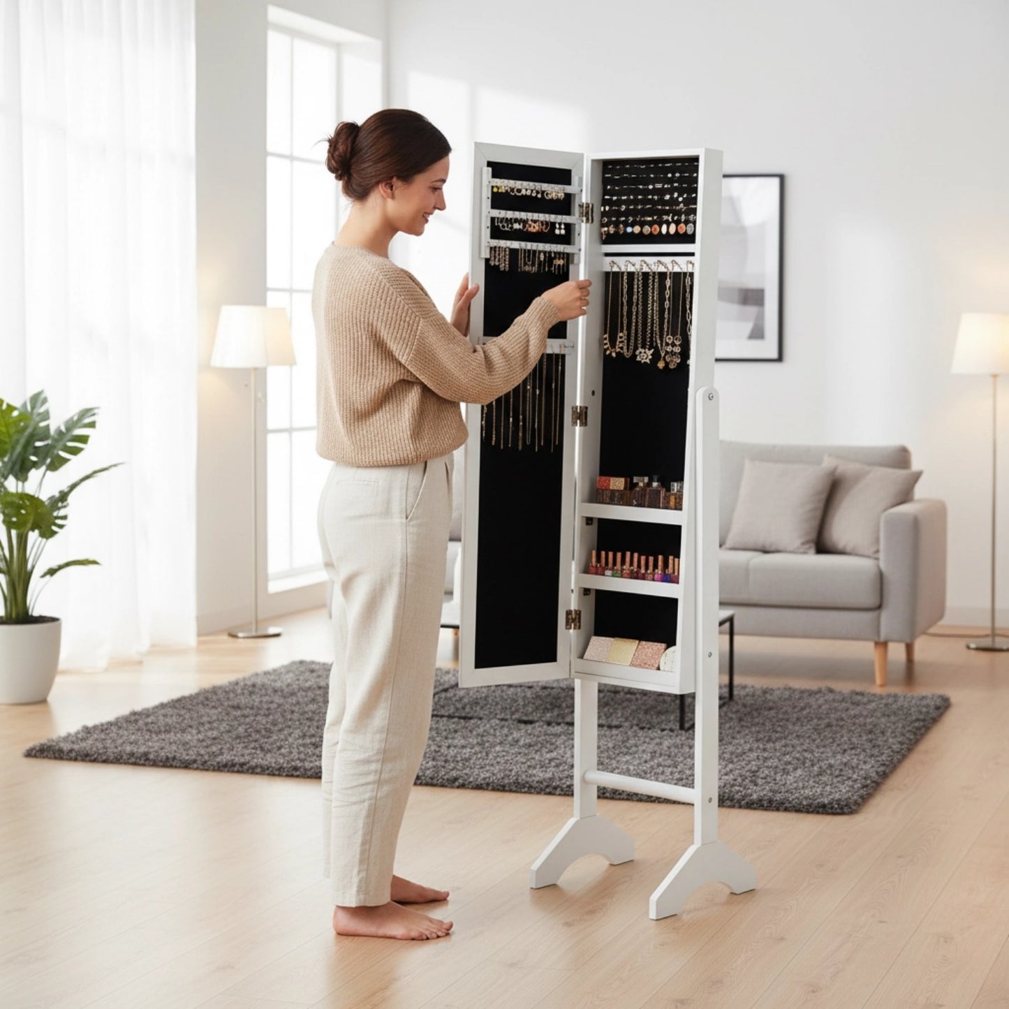 Armario de Gabinete de Joyería de Espejo de Cuerpo Completo Blanco