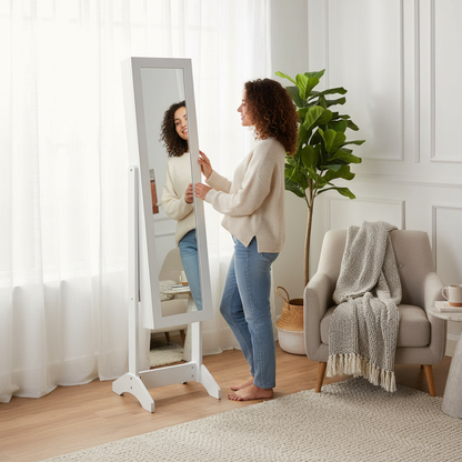 Armario de Gabinete de Joyería de Espejo de Cuerpo Completo Blanco