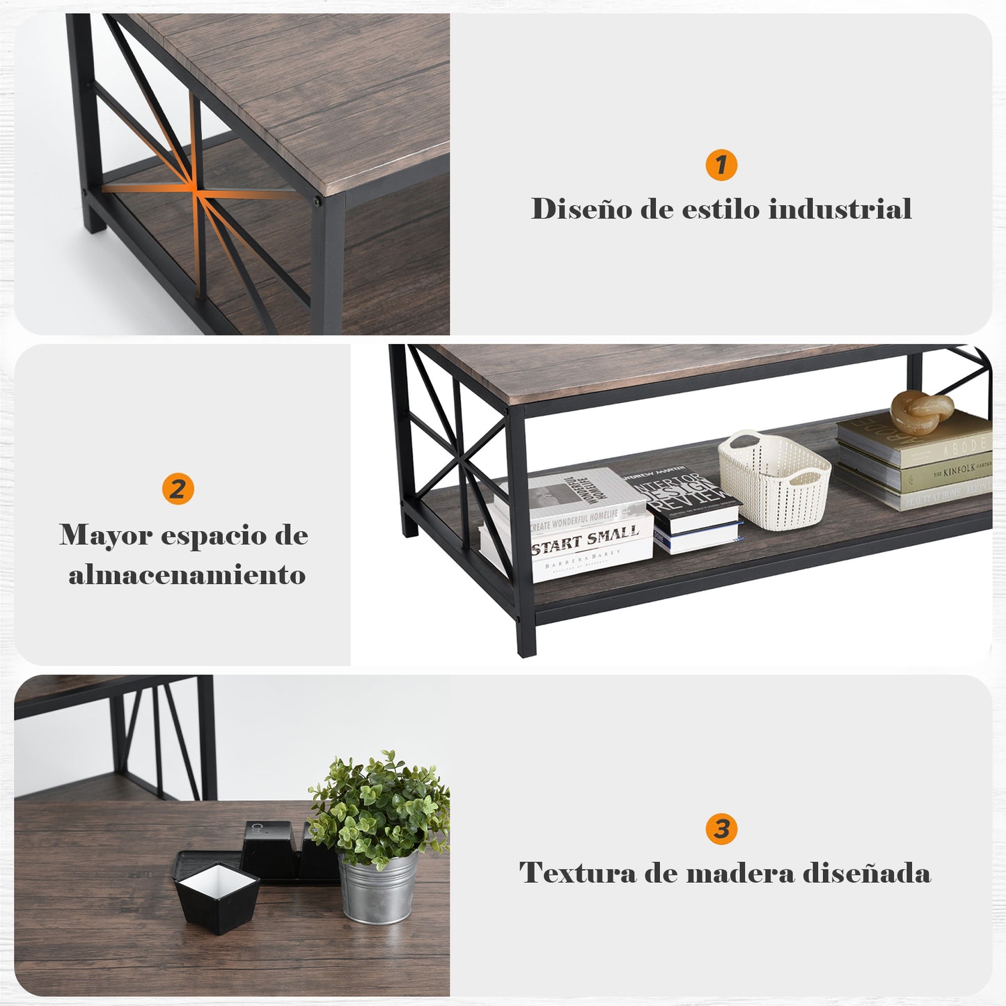 Mesa de Centro Estilo Industrial con Estante de Almacenamiento para Sala de Estar