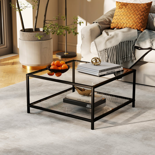 Mesa de Centro Cuadrada, Mesa de cóctel con Tapa de Cristal Templado
