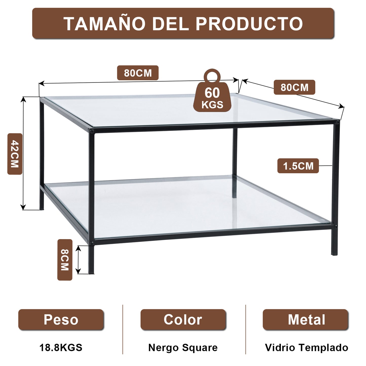 Mesa de Centro Cuadrada, Mesa de cóctel con Tapa de Cristal Templado