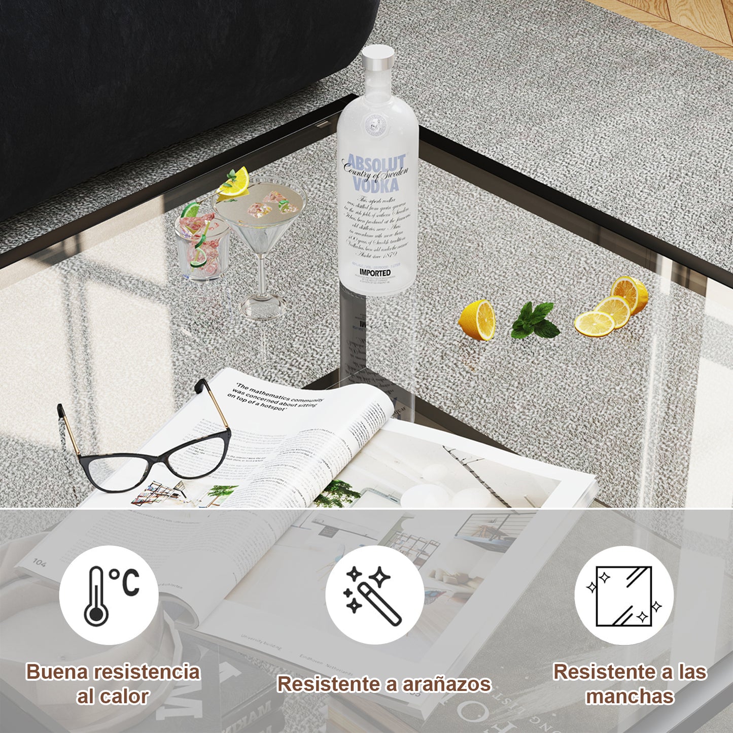 Mesa de Centro Cuadrada, Mesa de cóctel con Tapa de Cristal Templado