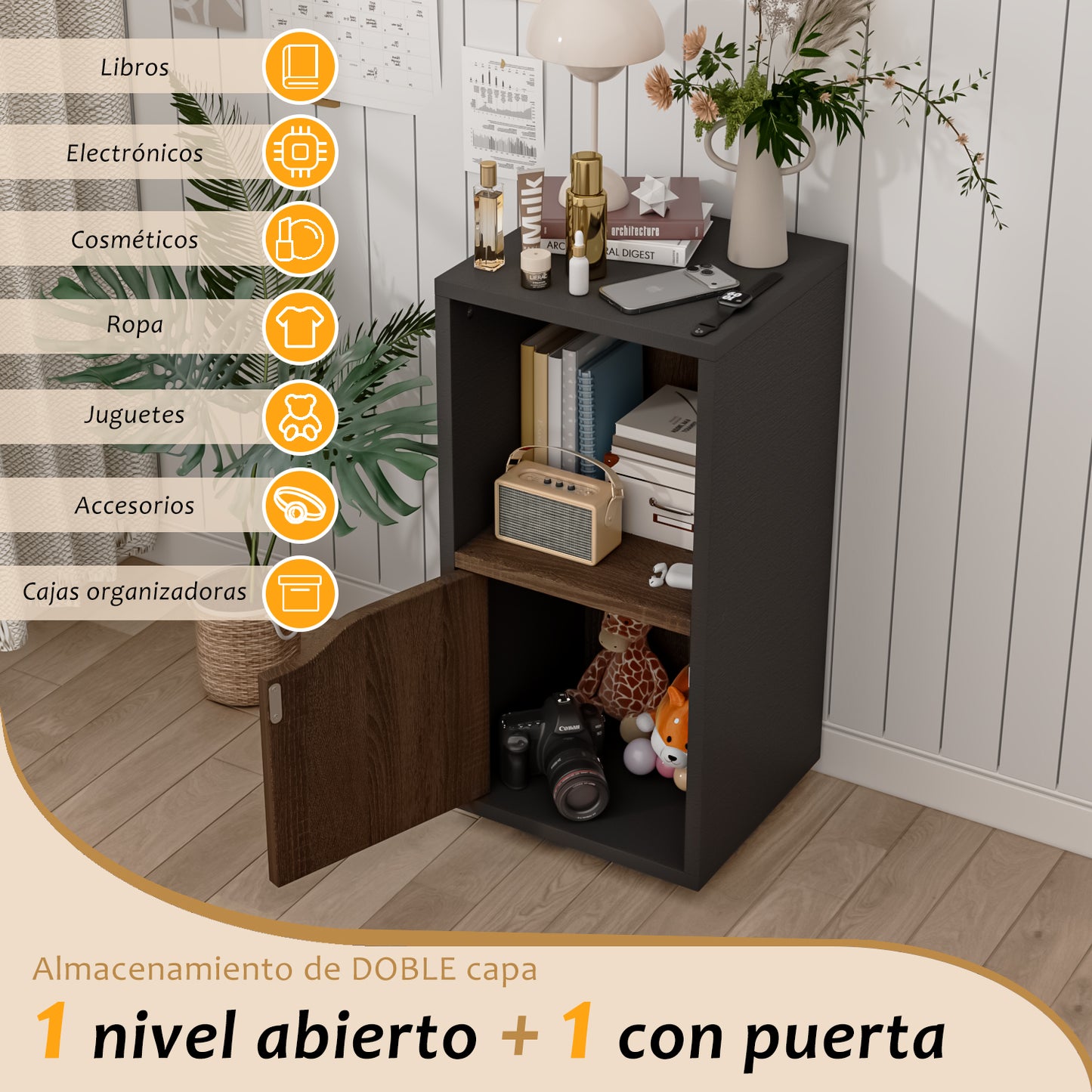 Mesita de Noche de 2 Cubos con Una Puerta Negro