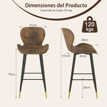 Juego de 2 Sillas Ergonómicas de Altura con Asiento y Respaldo Marrón Vintage