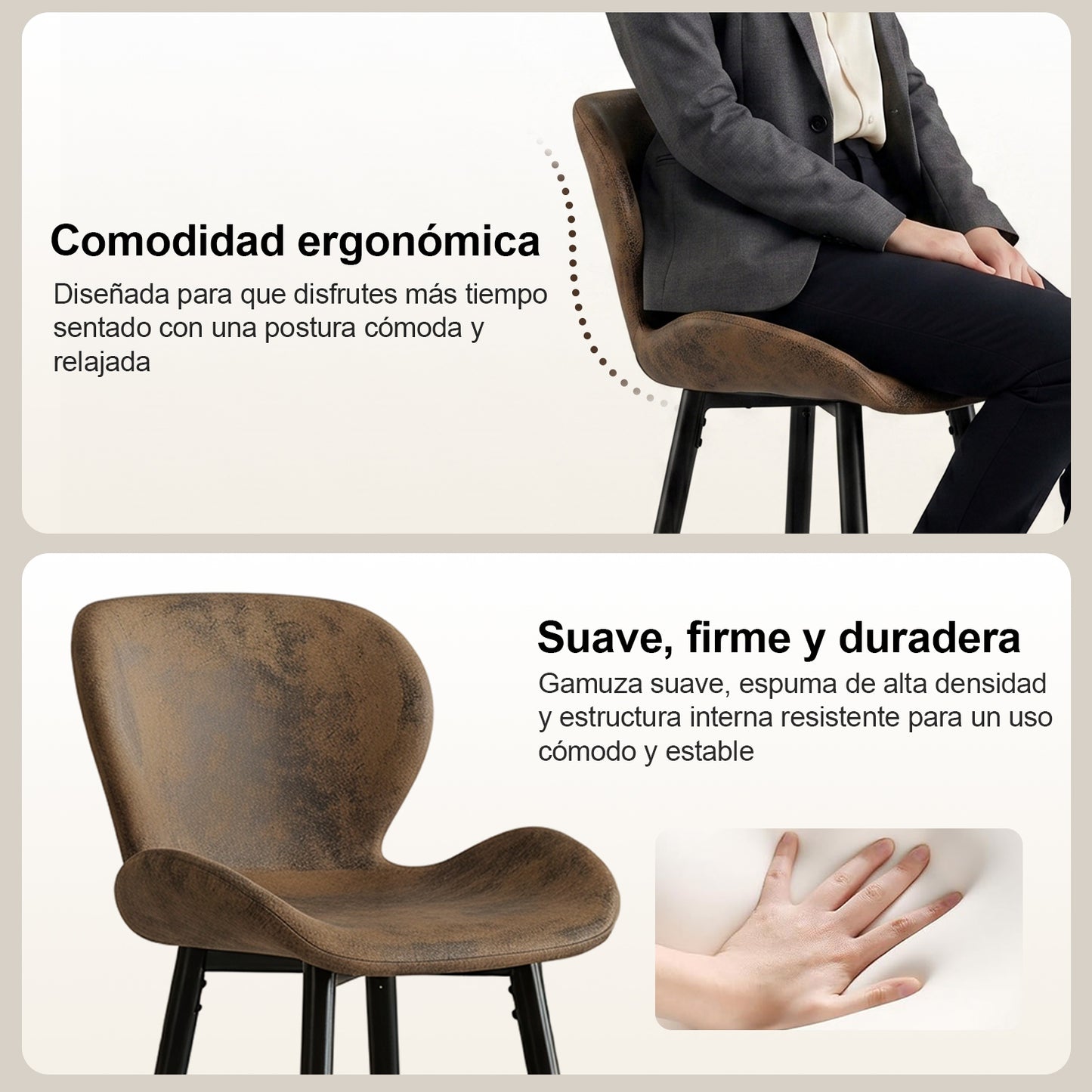 Juego de 2 Sillas Ergonómicas de Altura con Asiento y Respaldo Marrón Vintage
