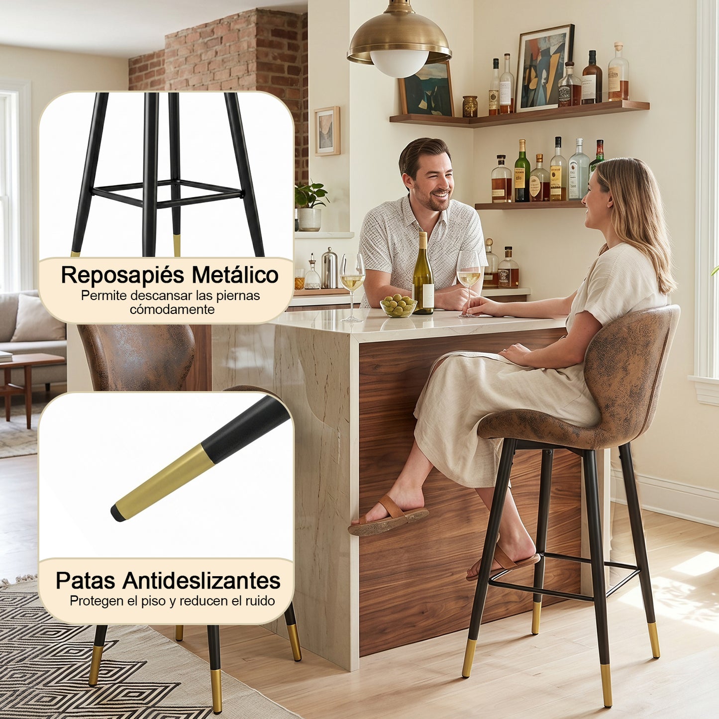 Juego de 2 Sillas Ergonómicas de Altura con Asiento y Respaldo Marrón Vintage