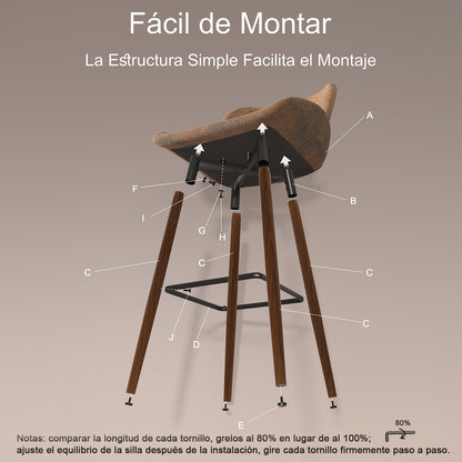 Juego de 2 Taburetes de bar, Sillas Ergonómicas de Altura con Asiento y Respaldo Marrón Vintage