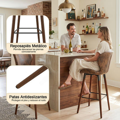 Juego de 2 Taburetes de bar, Sillas Ergonómicas de Altura con Asiento y Respaldo Marrón Vintage