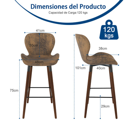 Juego de 2 Taburetes de bar, Sillas Ergonómicas de Altura con Asiento y Respaldo Marrón Vintage