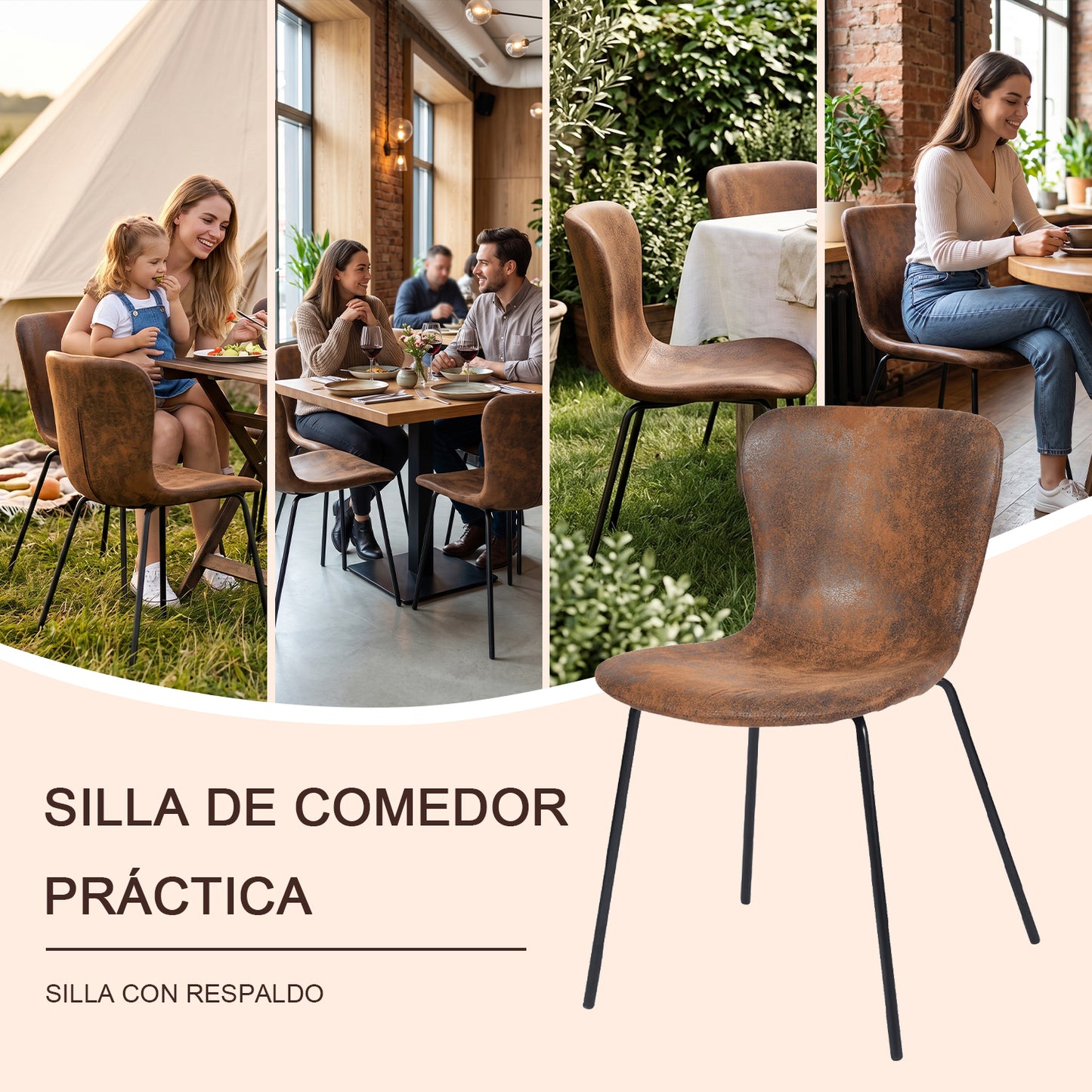 Juego de 4 Sillas de Comedor Patas de Metal | Piel Sintética Suede Café