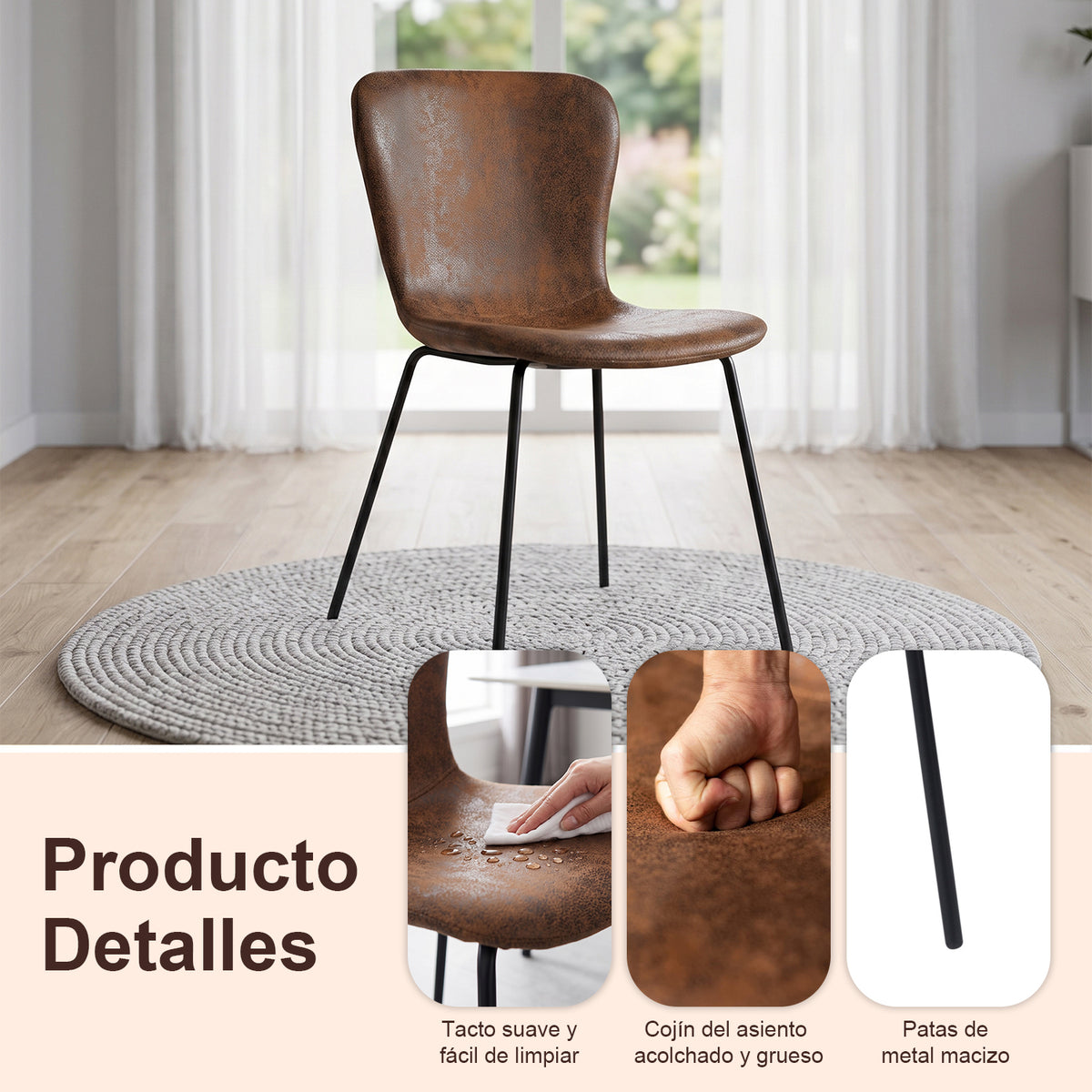 Juego de 4 Sillas de Comedor Patas de Metal | Piel Sintética Suede Café
