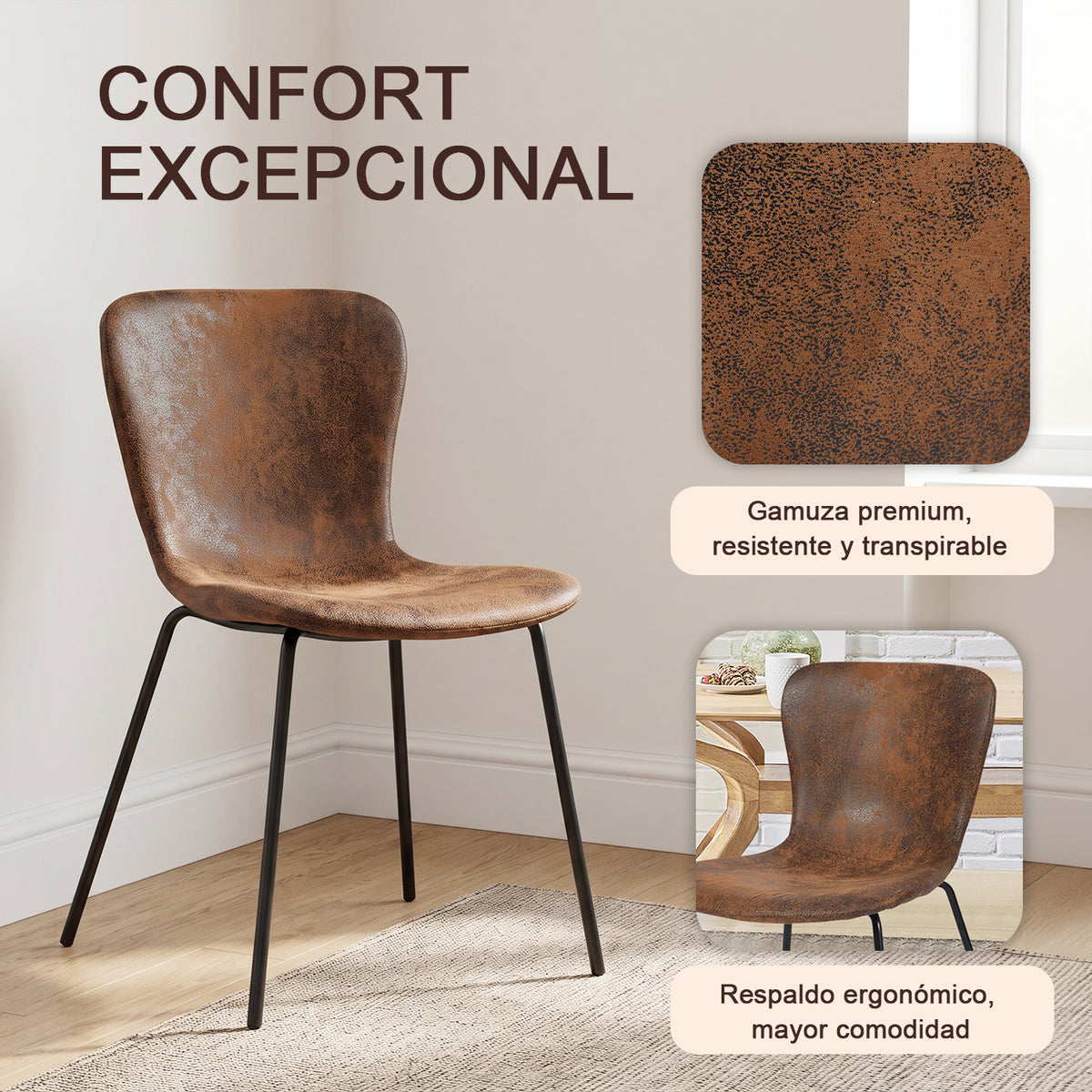 Juego de 4 Sillas de Comedor Patas de Metal | Piel Sintética Suede Café