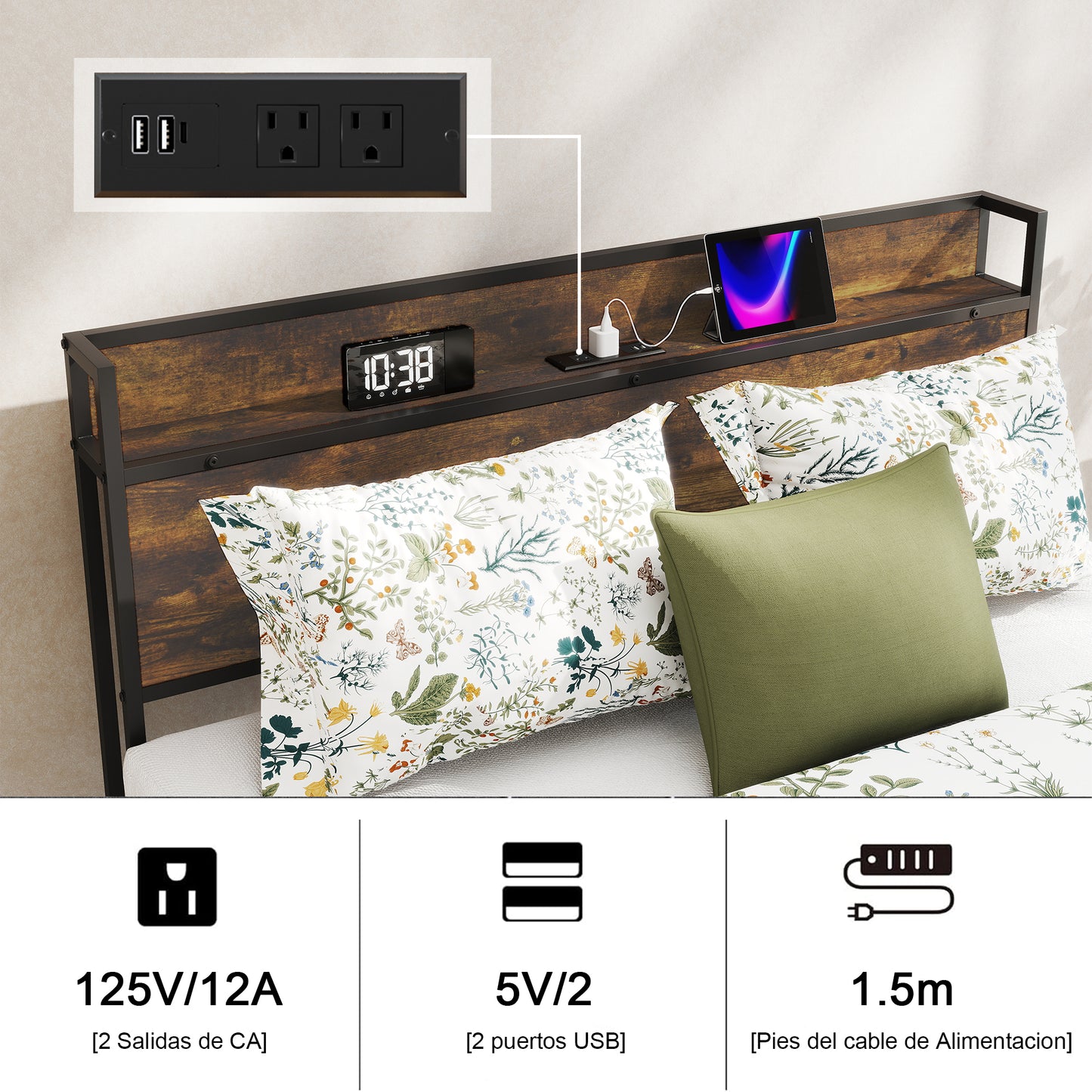 Marcos de Cama Doble, Cabecero de Almacenamiento con Estación de Carga