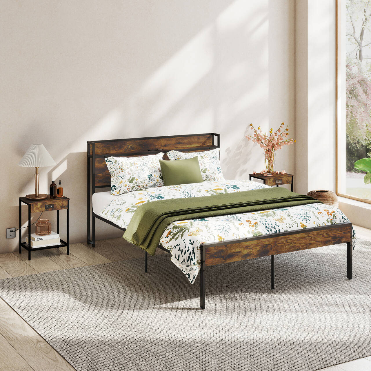 Marcos de Cama Doble, Cabecero de Almacenamiento con Estación de Carga