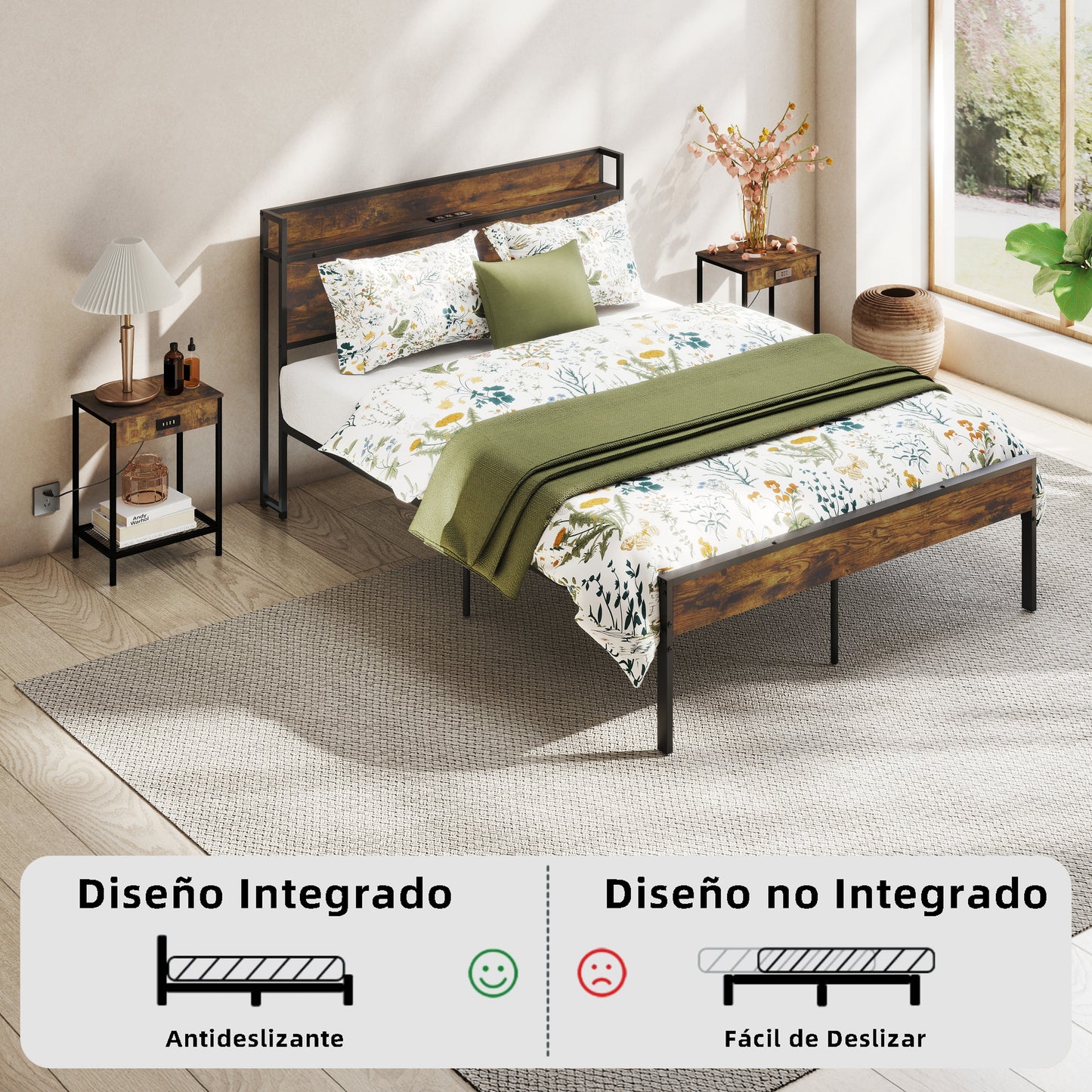 Marcos de Cama Doble, Cabecero de Almacenamiento con Estación de Carga