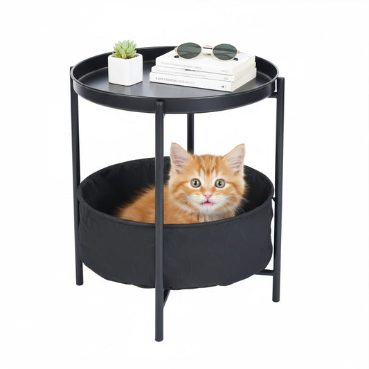 Mesa Auxiliar Redonda con Cesta de Almacenamiento de Tela Negro