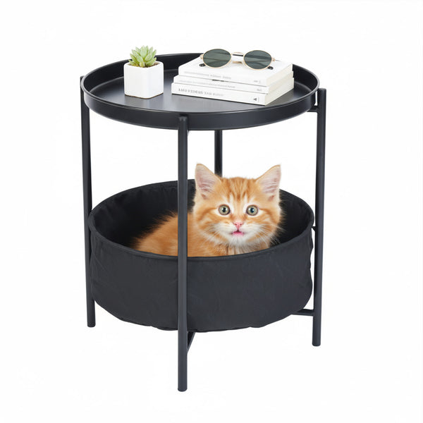 Mesa Auxiliar Redonda con Cesta de Almacenamiento de Tela Negro