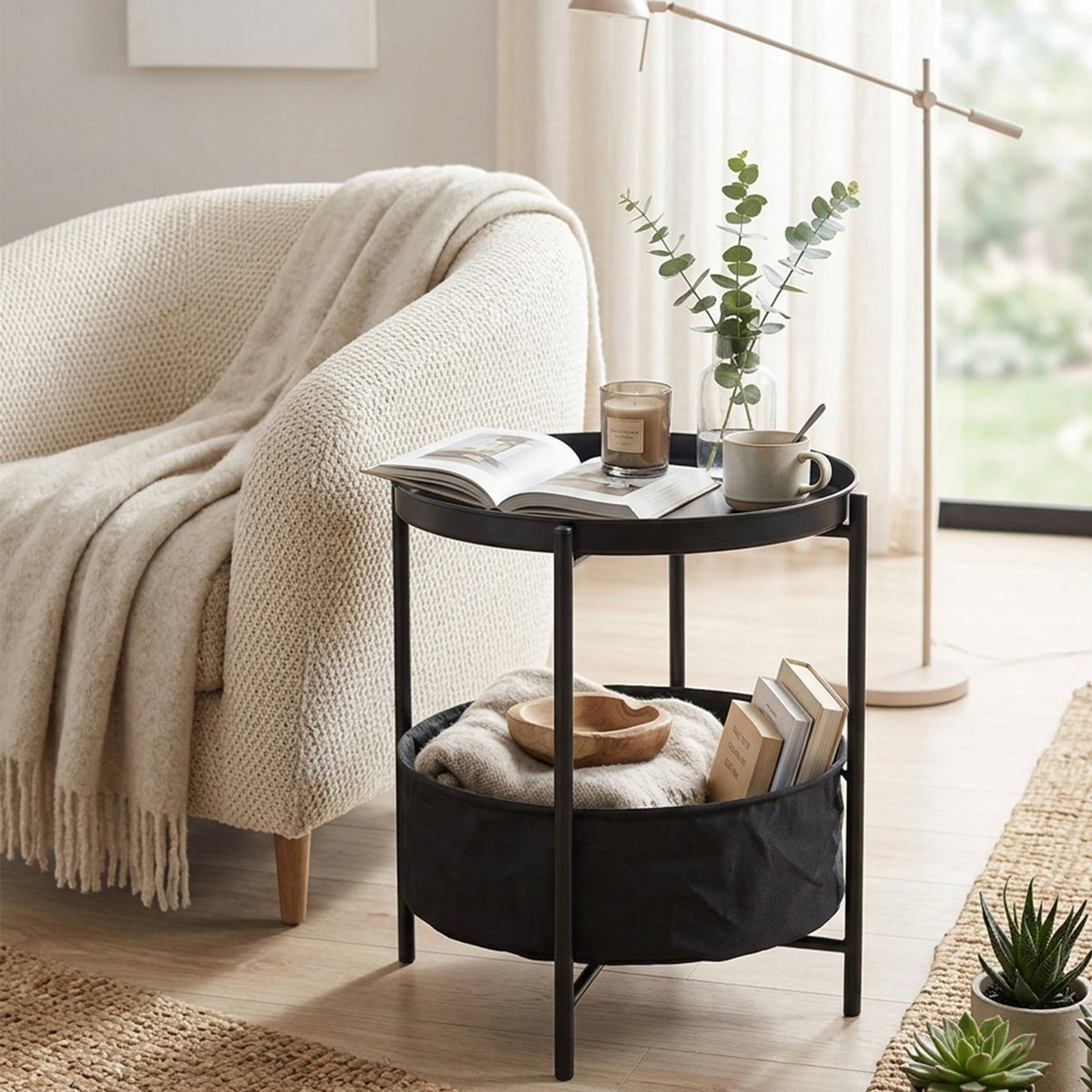 Mesa Auxiliar Redonda con Cesta de Almacenamiento de Tela Negro