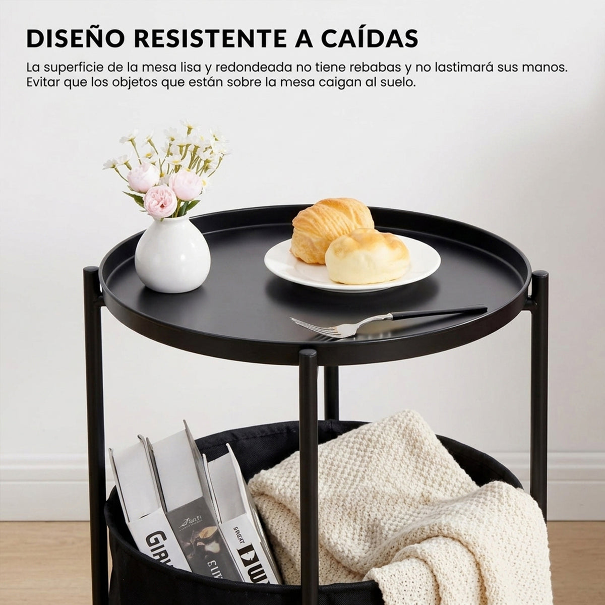 Mesa Auxiliar Redonda con Cesta de Almacenamiento de Tela Negro