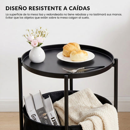 Mesa Auxiliar Redonda con Cesta de Almacenamiento de Tela Negro