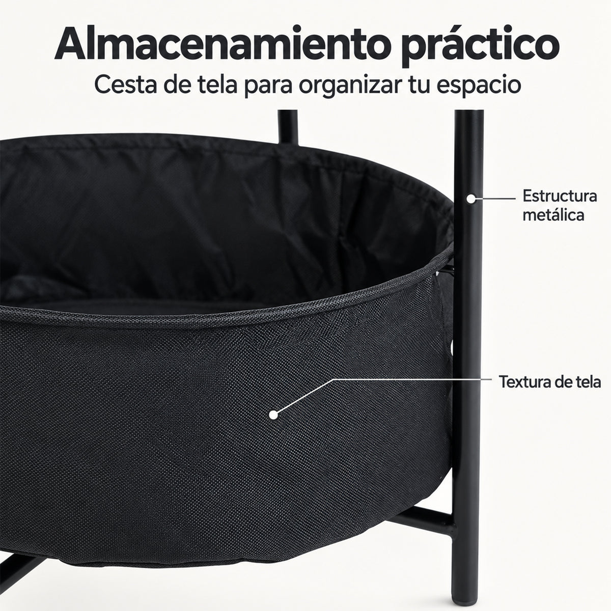 Mesa Auxiliar Redonda con Cesta de Almacenamiento de Tela Negro