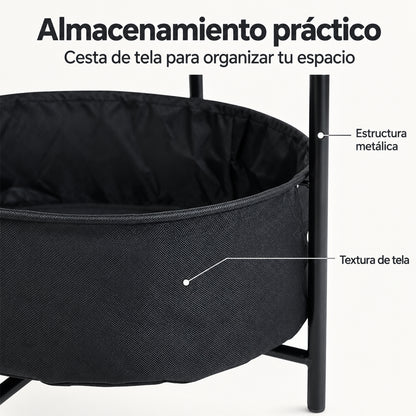 Mesa Auxiliar Redonda con Cesta de Almacenamiento de Tela Negro