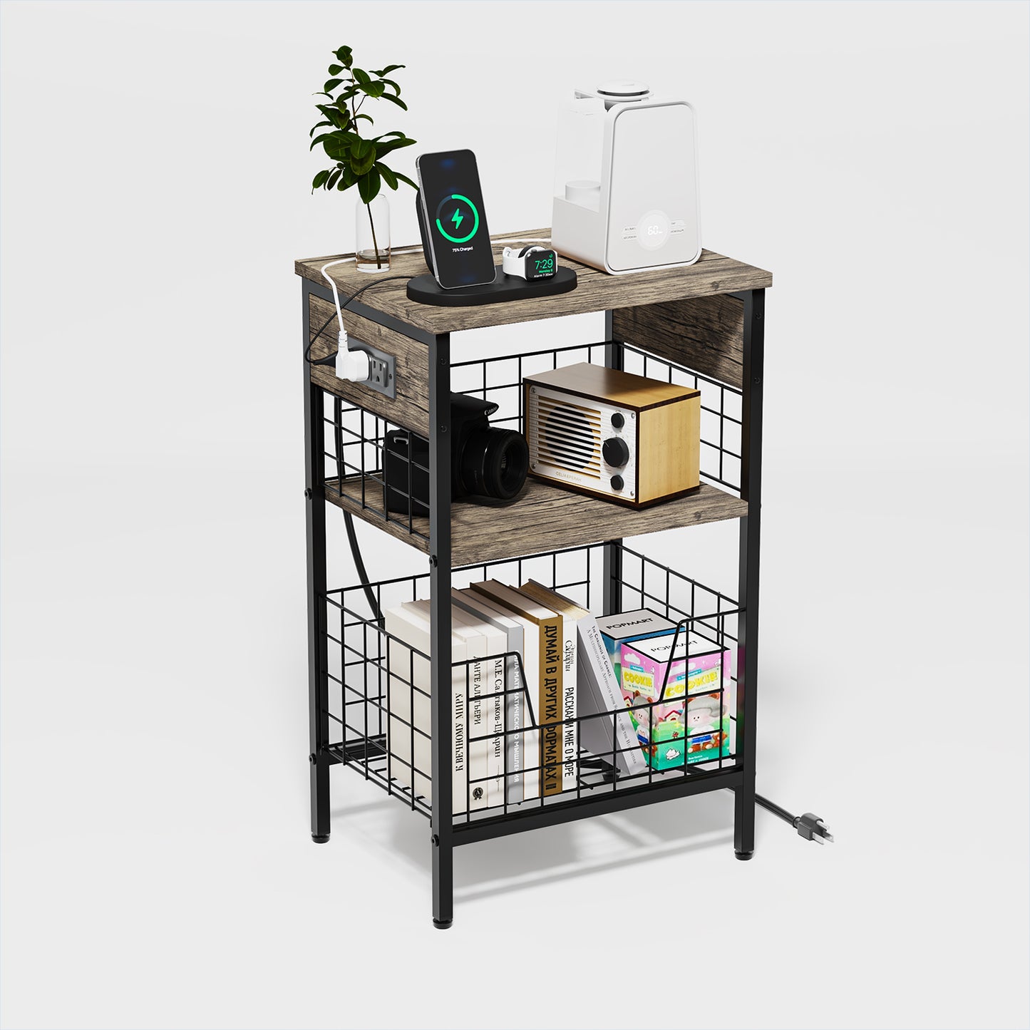 Mesa Auxiliar con Estación de Carga y Puertos USB Café