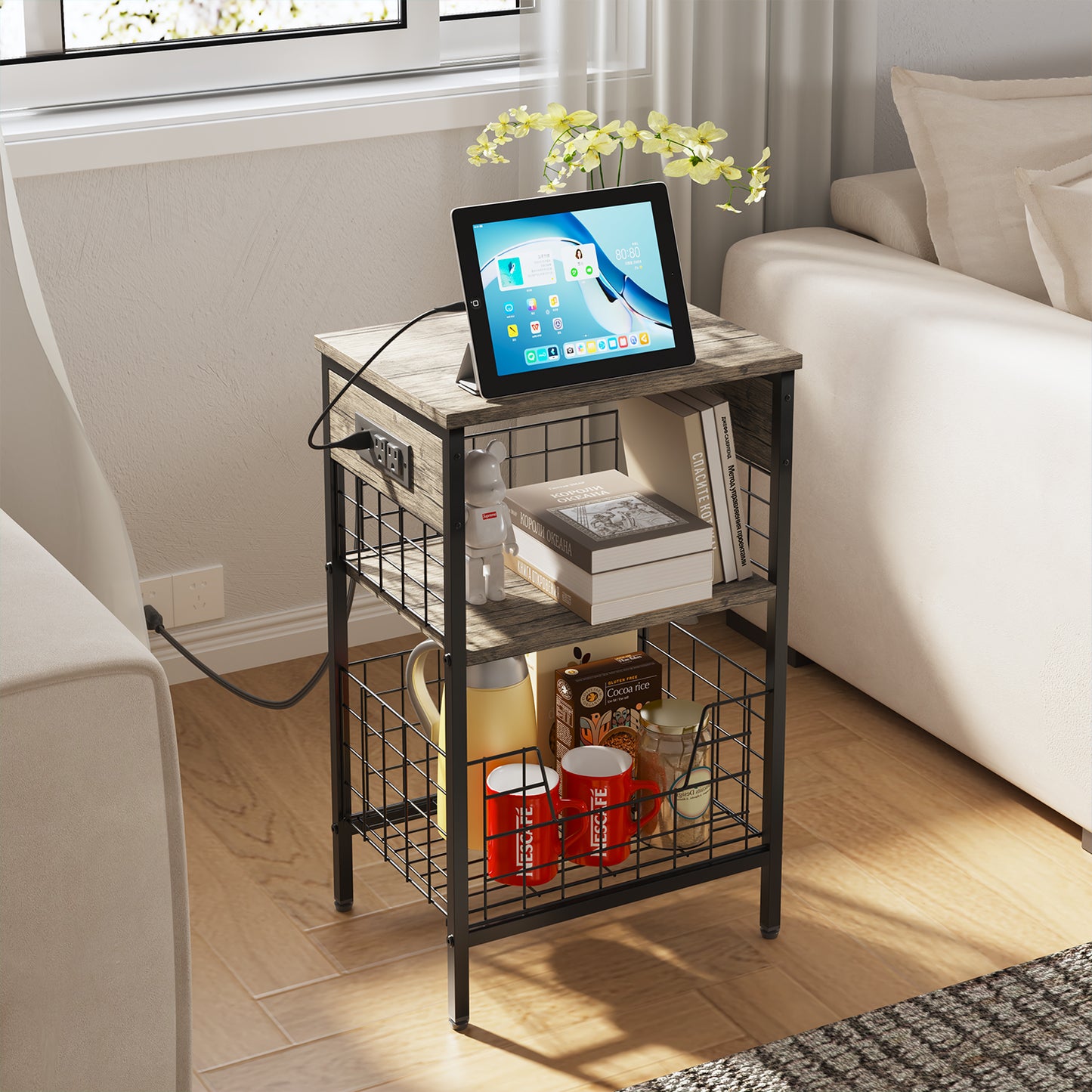 Mesa Auxiliar con Estación de Carga y Puertos USB Café