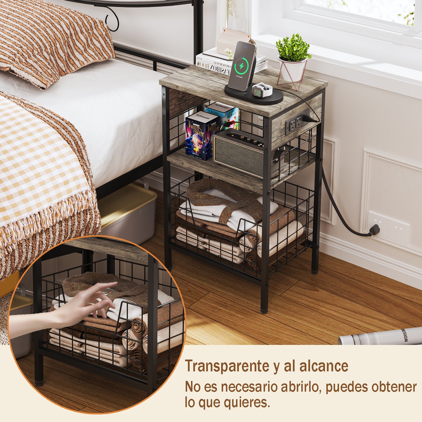 Mesa Auxiliar con Estación de Carga y Puertos USB Café