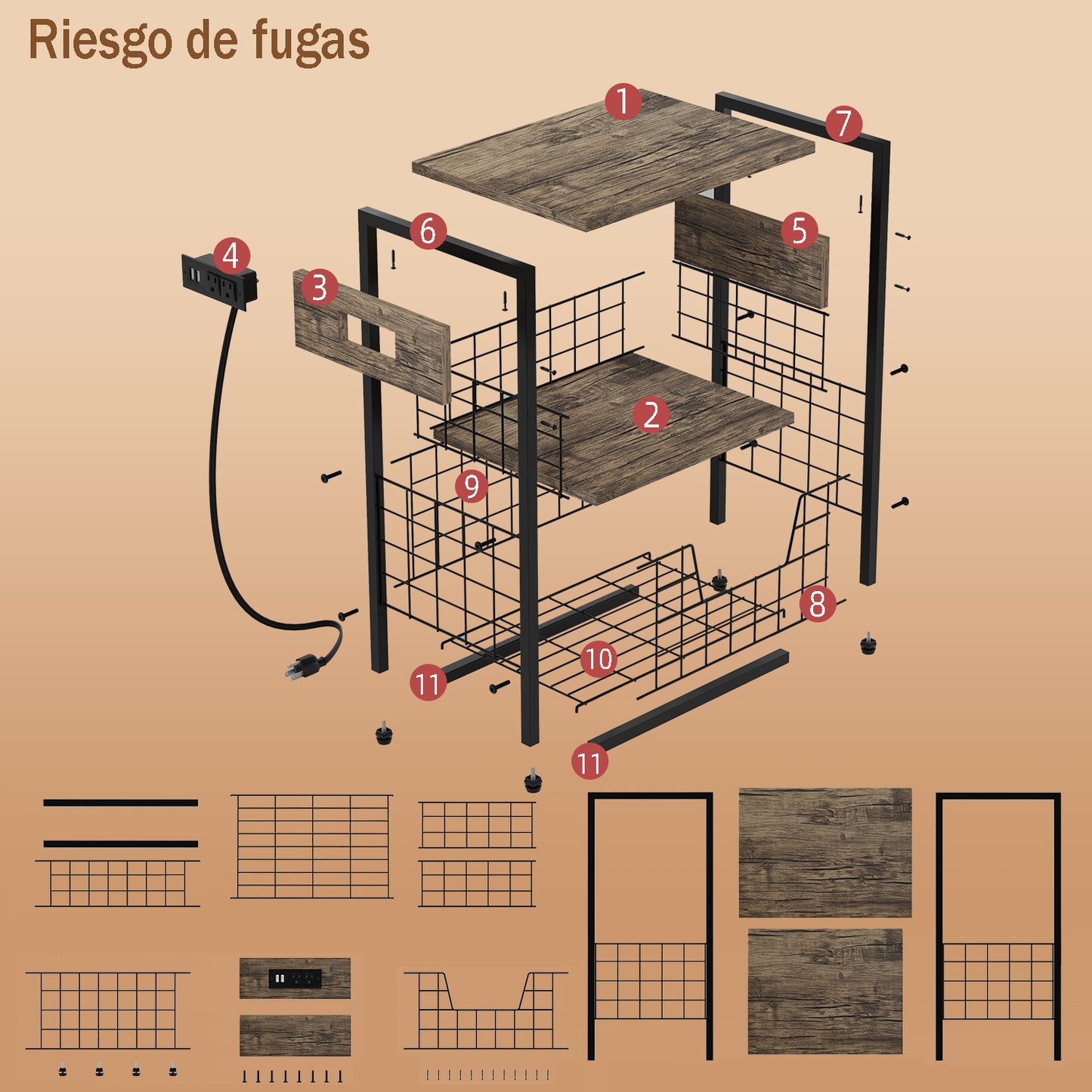 Mesa Auxiliar con Estación de Carga y Puertos USB Café