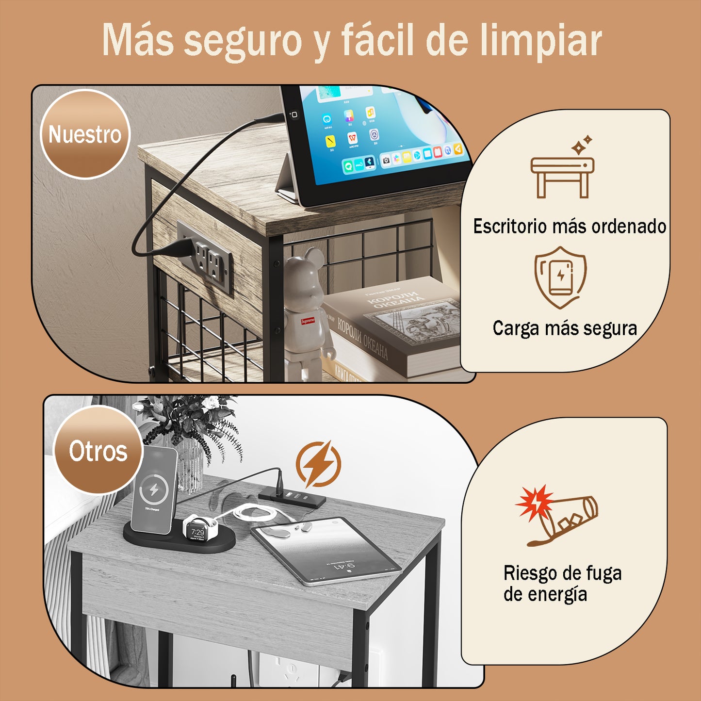 Mesa Auxiliar con Estación de Carga y Puertos USB Café