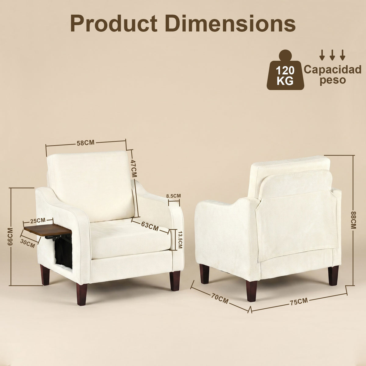 Sillón Individual de Chenille Beige - dimensiones del producto