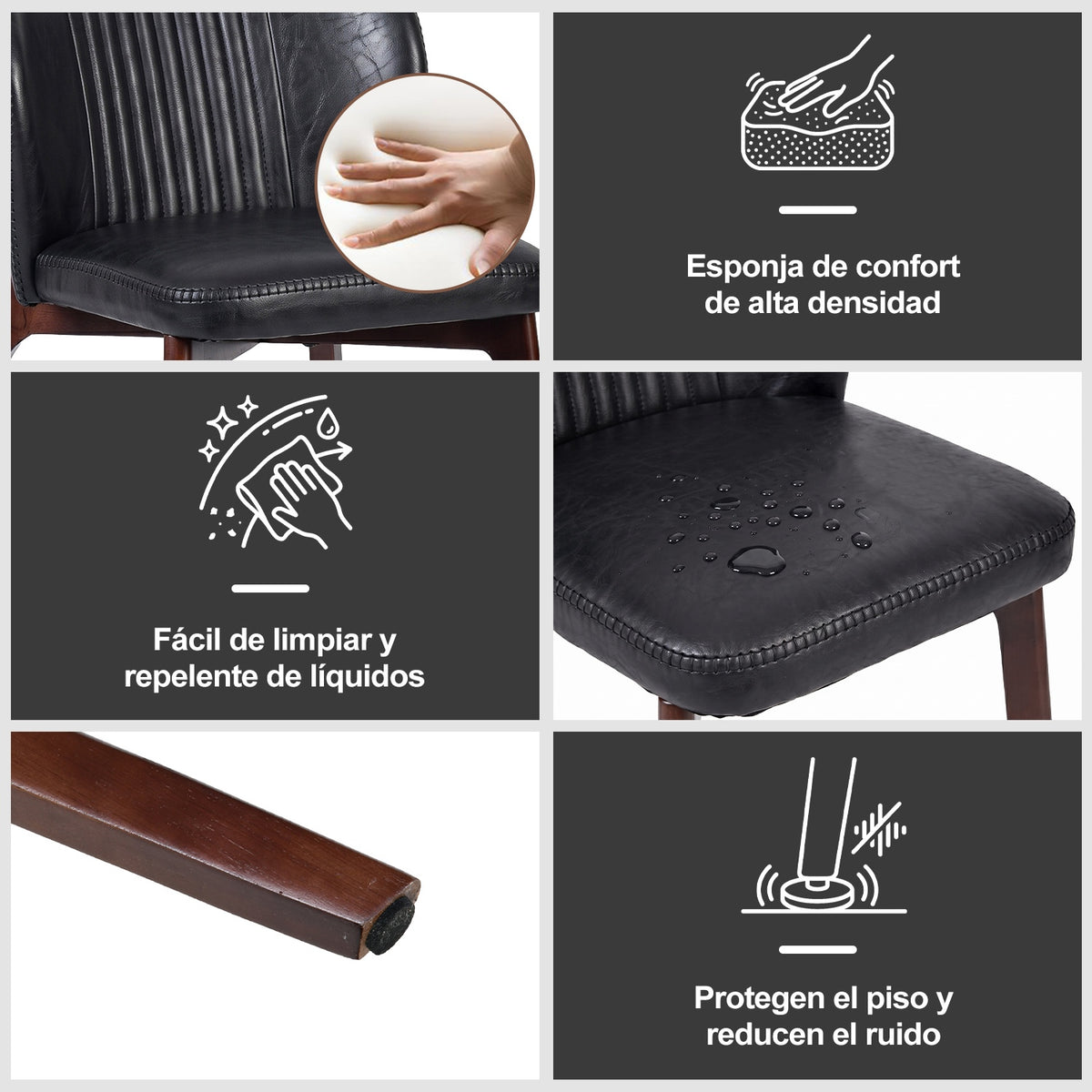 Juego de 2 Sillas para Comedor Tapizadas en Piel Sintética PU Color Negro