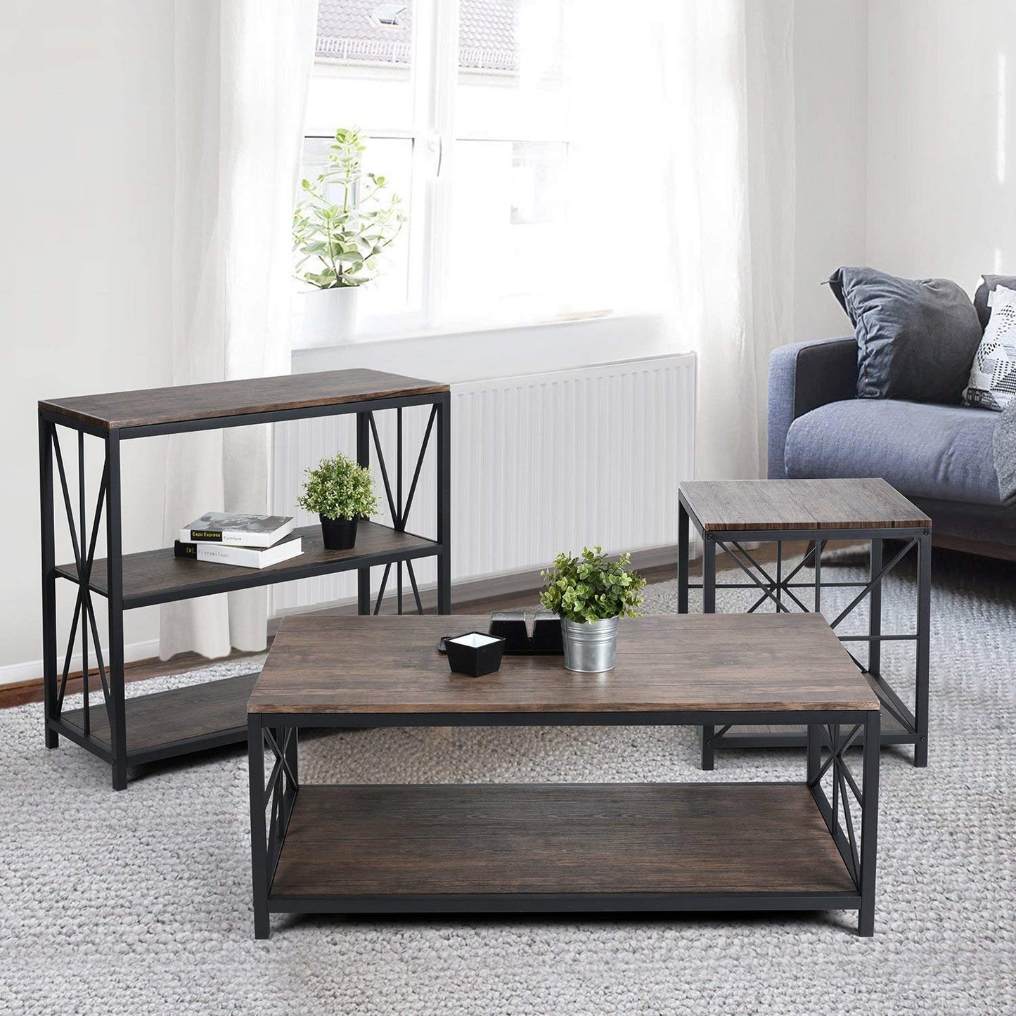 Mesa de Centro Estilo Industrial con Estante de Almacenamiento para Sala de Estar