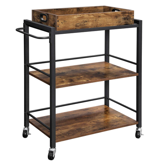 Carrito de Bar, Carrito de Servicio de Cocina, Carrito Utilitario con Ruedas y Asa Marrón Rústico y Negro