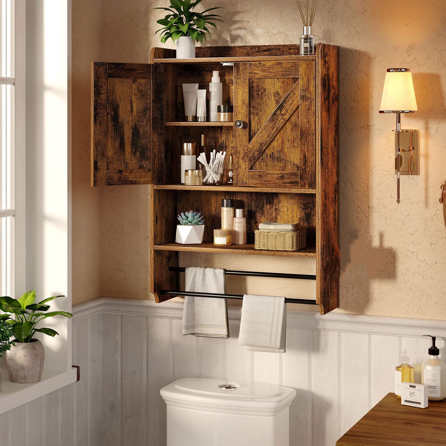 Mueble de Baño Montado en la Pared con 2 Estantes y 2 Toalleros Marrón Rústico