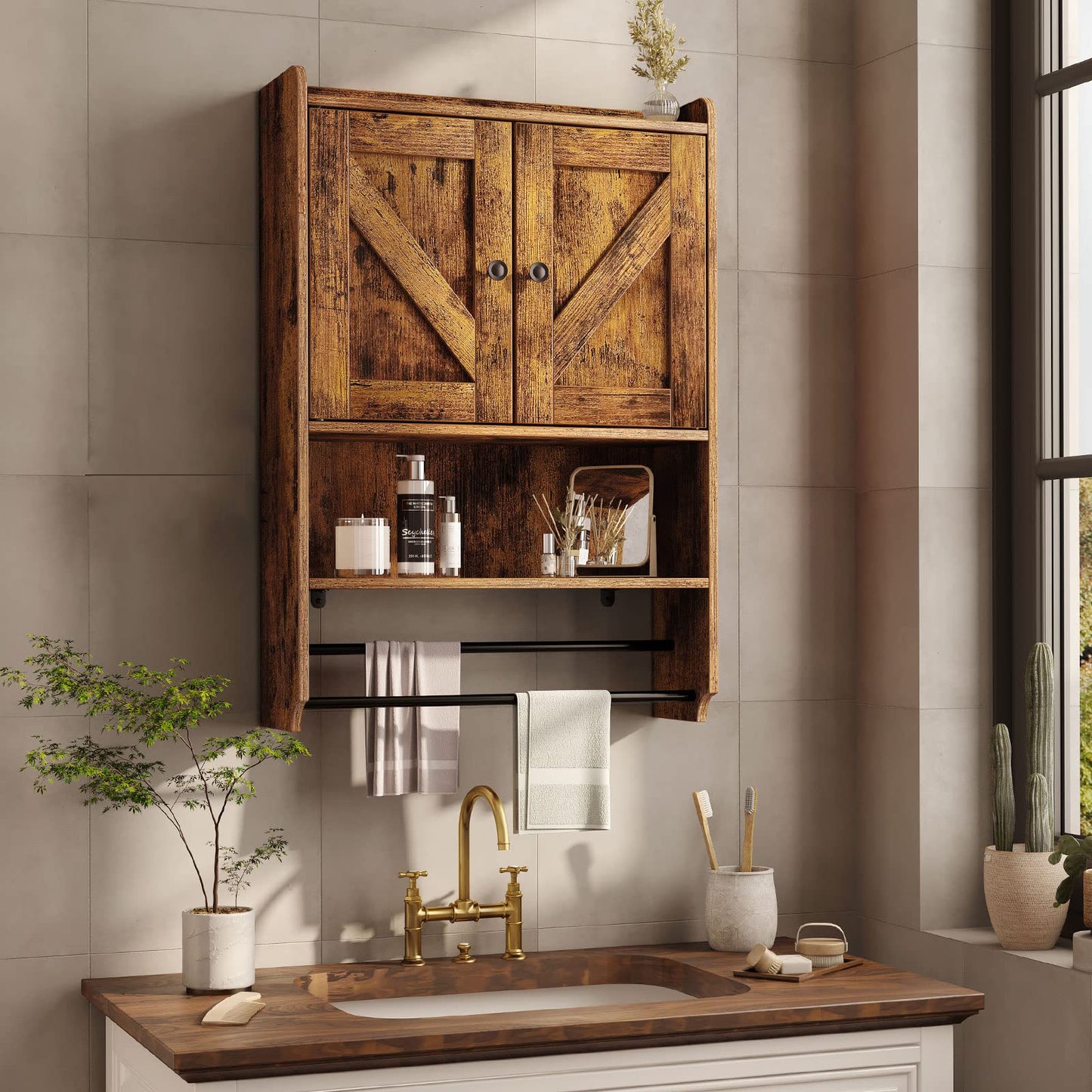 Mueble de Baño Montado en la Pared con 2 Estantes y 2 Toalleros Marrón Rústico