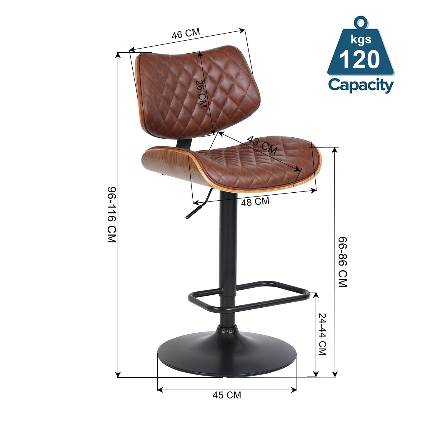 Set de 1 Taburetes de Bar Giratorios Altura Ajustable Cómodo Asiento y Respaldo Tapizado Piel Sintética PU - Café