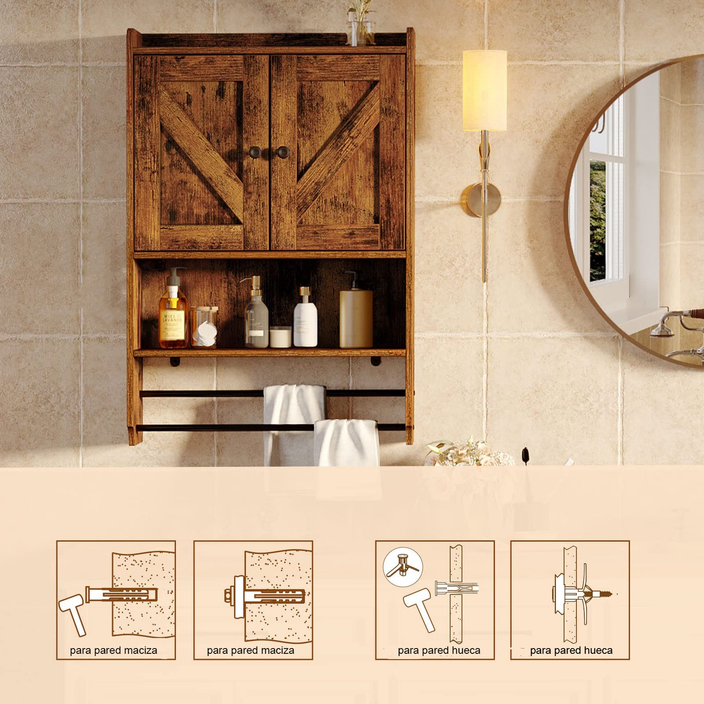 Mueble de Baño Montado en la Pared con 2 Estantes y 2 Toalleros Marrón Rústico