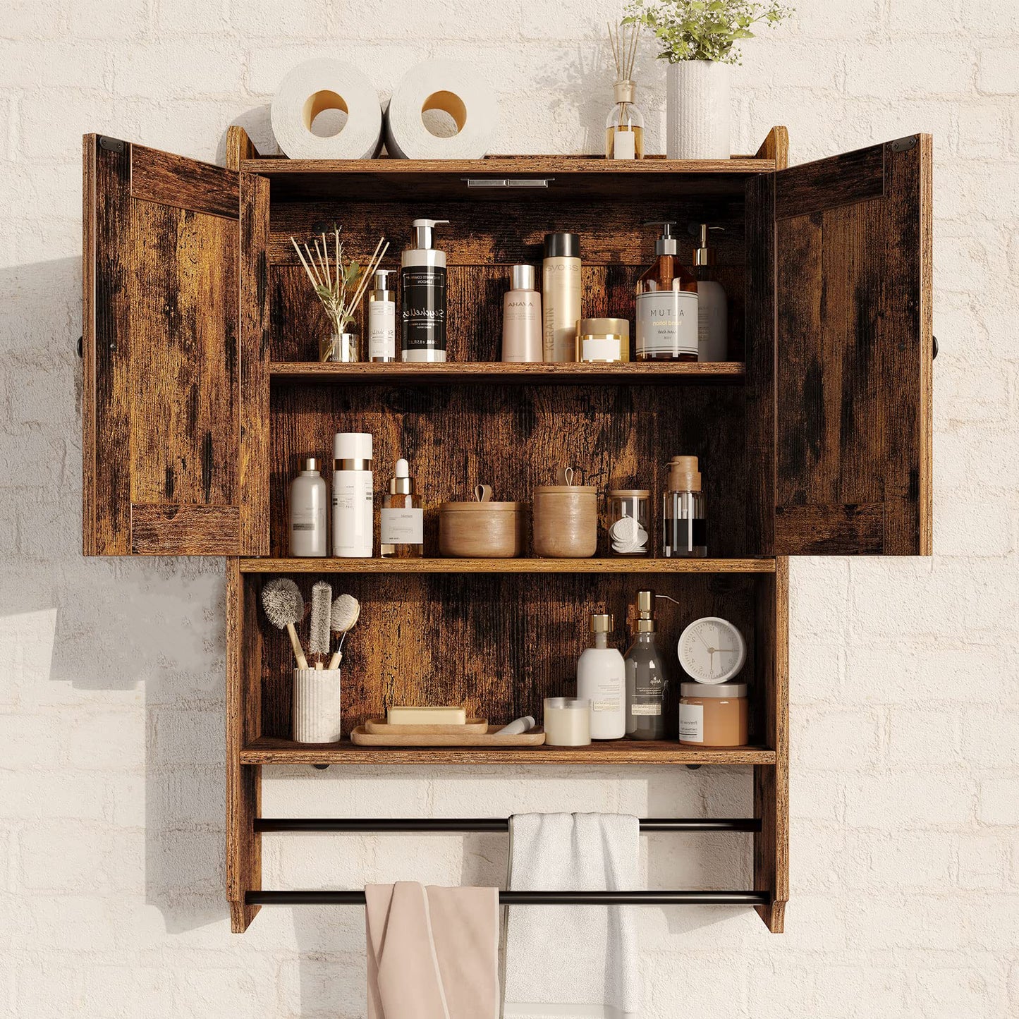 Mueble de Baño Montado en la Pared con 2 Estantes y 2 Toalleros Marrón Rústico