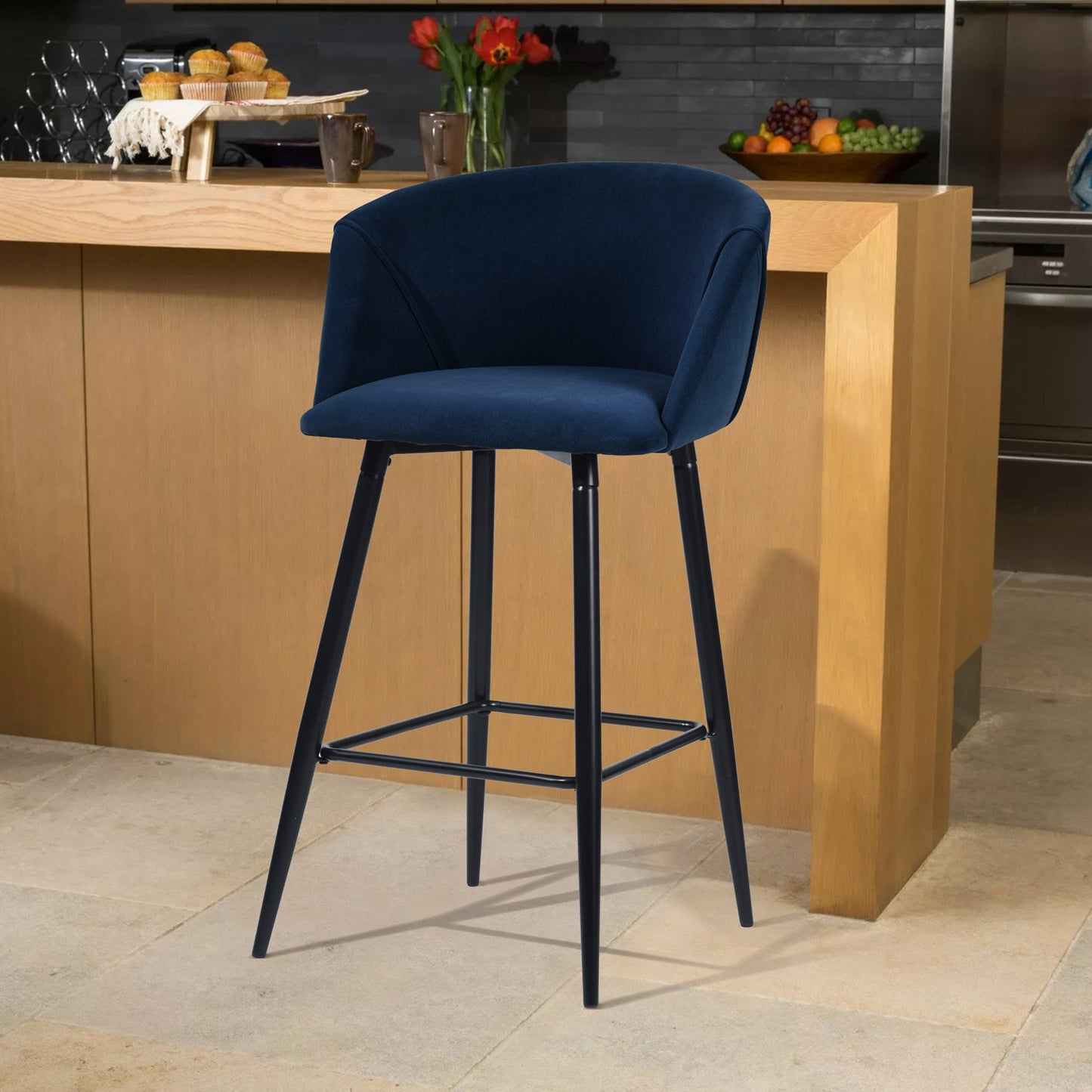 Conjunto de 2 Sillas de Bar con Asiento Tapizado Azul