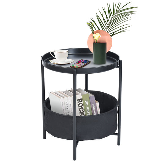 Mesa Auxiliar Redonda con Cesta de Almacenamiento de Tela Negro